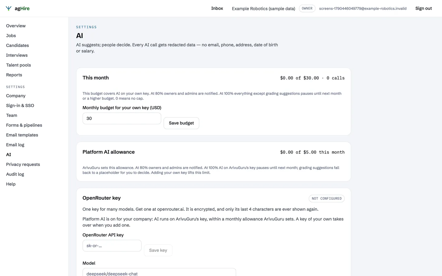 AI settings: monthly budget, provider keys and the model for each task (sample data)