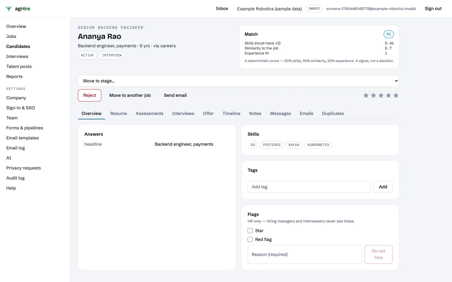 A candidate profile with an explained match score, skills, tags and HR-only flags (sample data)