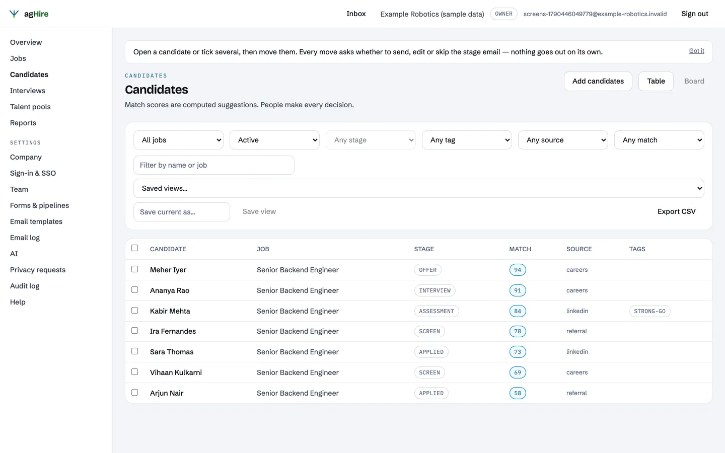 The agHire candidates table: seven candidates for a Senior Backend Engineer role with stage, match score and source (sample data)