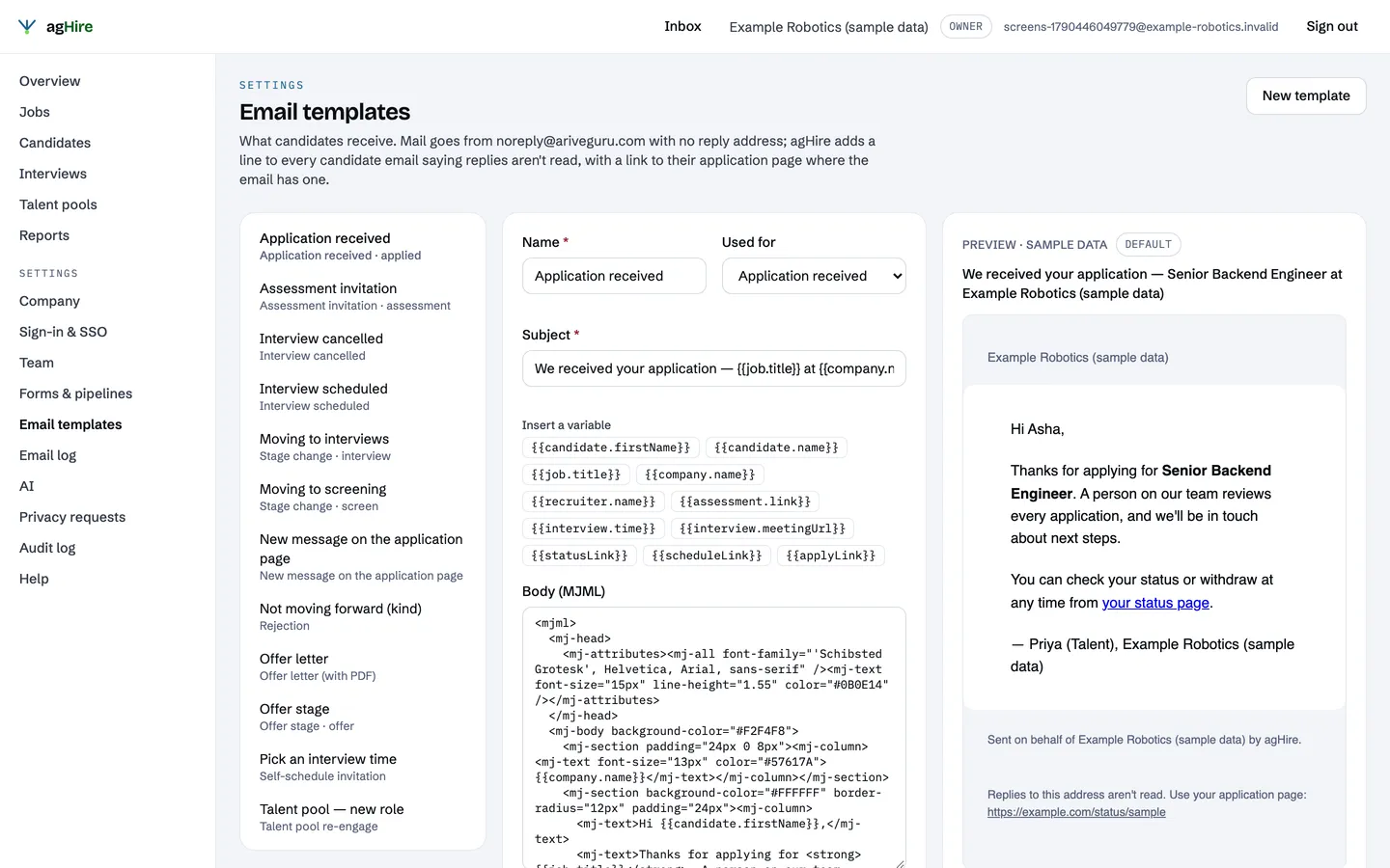 The email template editor with variables and a live preview (sample data)