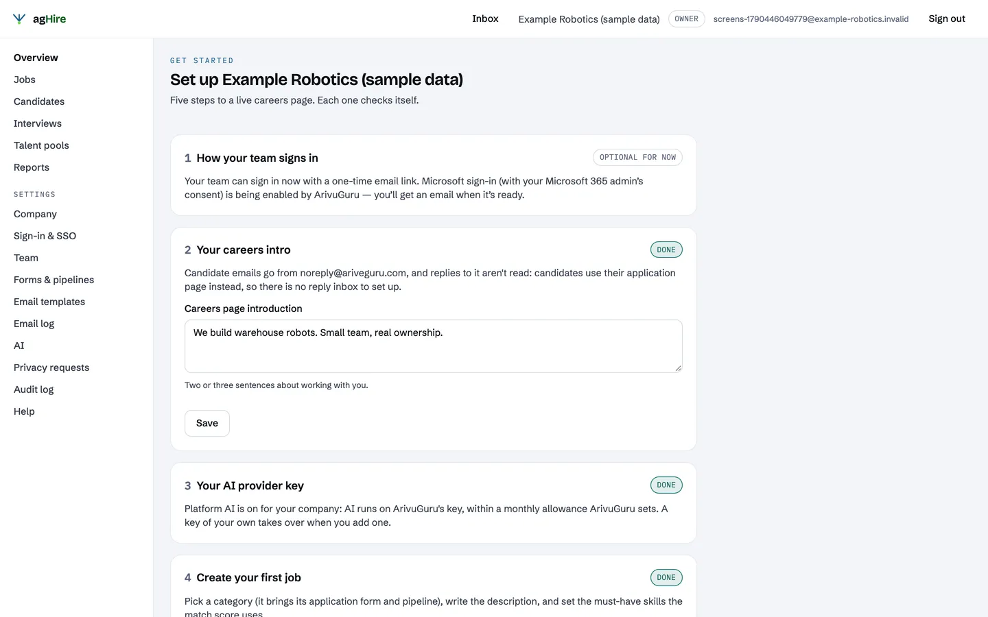 The five-step setup that gets a careers page live (sample data)